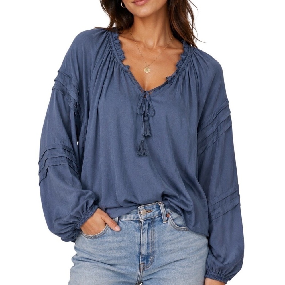 Chelsea & Theodore Women Blue Pleated Long Sleeve Blouse Small Tassel Tie Neck